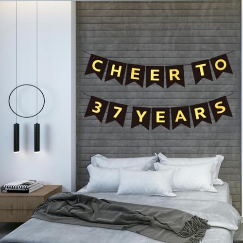 Black and Gold Cheers to 37 Years Banner - Pre-Strung 37th Birthday Party Decoration