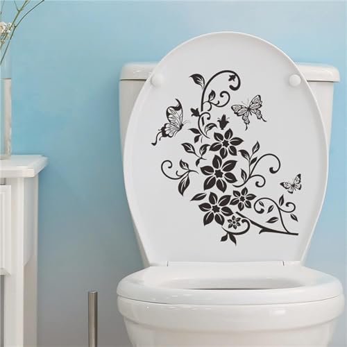 Elegant Black Butterfly Floral Toilet Seat Lid Decal - Removable PVC Sticker