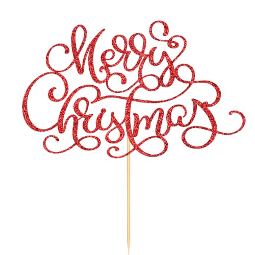 Merry Christmas Cake Topper Red Glitter Holiday Party Decoration