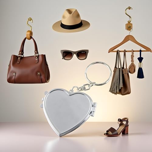 Heart Shaped Metal Compact Pocket Mirror with Keychain Travel Folding