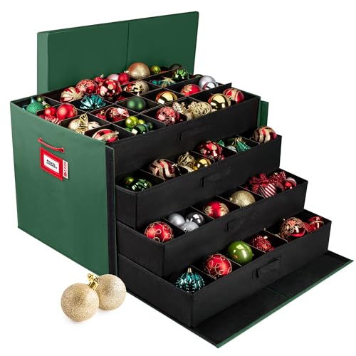HOLDN’ STORAGE Christmas Ornament Storage Box with Dividers - Holds 96 Large 3-Inch Ornaments, Green, with 4 Trays