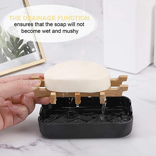 Bamboo Wooden Soap Dish with Drainage - Black, Easy Clean Design