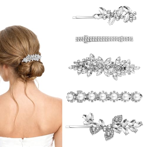 Nogeqi 5PCS Rhinestone Hair Clips Silver Crystal Flower Barrettes