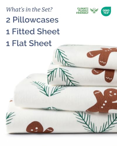 Christmas Flannel Bed Sheet Set Queen Size Gingerbread Pattern - Extra Soft Cotton