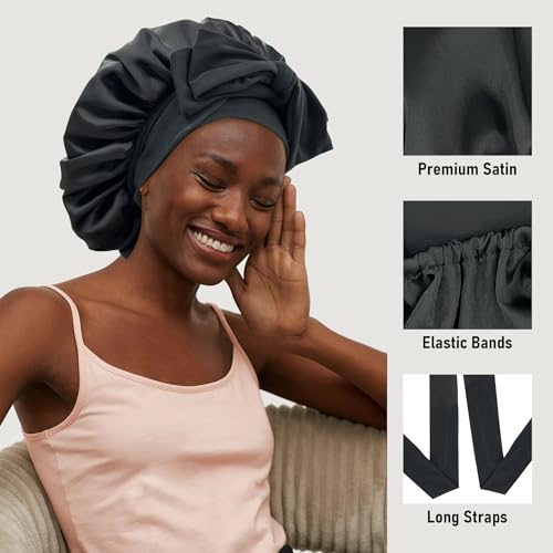 Satin Silk Sleep Bonnet for Women Large Hair Cap with Tie Band
