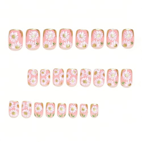 Short Square Press on Nails Cute Daisy Flower Glossy Fake Nails 24Pcs