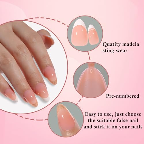 French Tip Short Almond Press on Nails with Glitter, 150 Pcs Nude Fake Nails