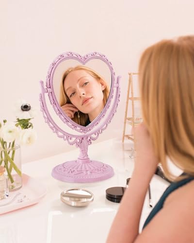 Pink Heart-Shaped Desk Mirror, Double-Sided Rotating Vanity Mirror
