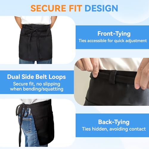 LOHYILYE 12-Inch Waist Apron with 3 Pockets - Black Server Half Apron
