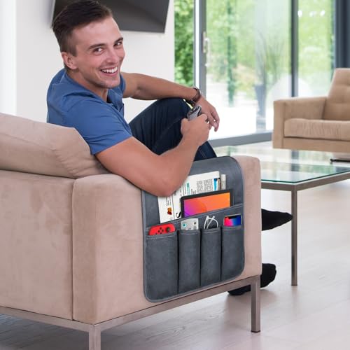 Non-Slip Polar Fleece Couch Armrest Organizer - Dark Gray, 5 Pockets