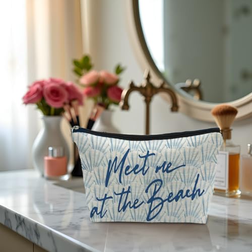 Blue Seashell Cosmetic Bag Linen Travel Makeup Pouch