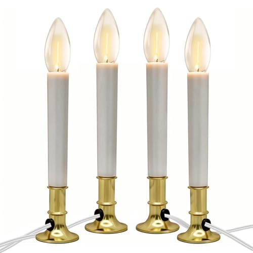 Gold 4 Pack Electric Window Candle Lamps with Brass Base, Dusk to Dawn Sensor