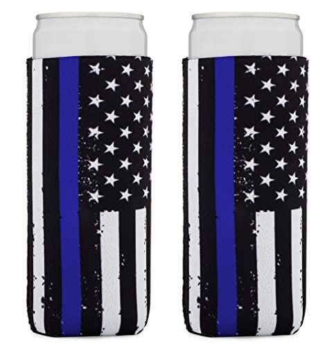 Thin Blue Line Collapsible Beer Can Cooler Sleeves - 2 Pack - Slim Size 12 oz