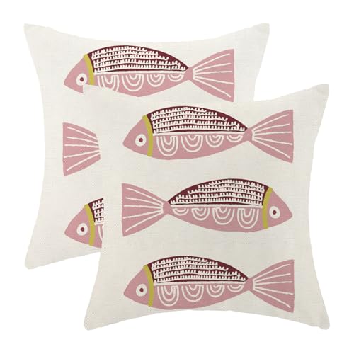 Coastal Pink Fish Pillow Covers 18x18 Inch Set of 2 - Nautical Throw Pillows for Home Decor