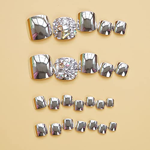 MISUD Silver Chrome Press on Toenails with Rhinestones 24 pcs