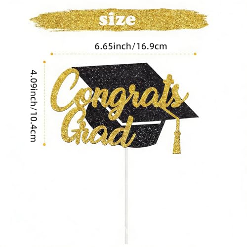 Congrats Grad Cake Topper - Class of 2026 Black Gold Decoration