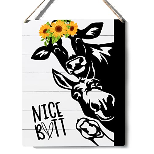 Rustic Wooden Bathroom Sign Decor - 10x8 Cow & Sunflower Art