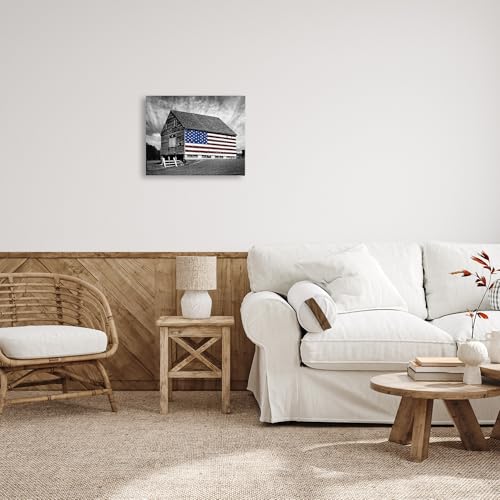 Stupell Industries sca-148-Wall-Art Black and White Farmhouse Barn American Flag, Wall Art, 16 in x 20 in, Design by Artist James Mcloughlin, Gallery Wrapped Canvas