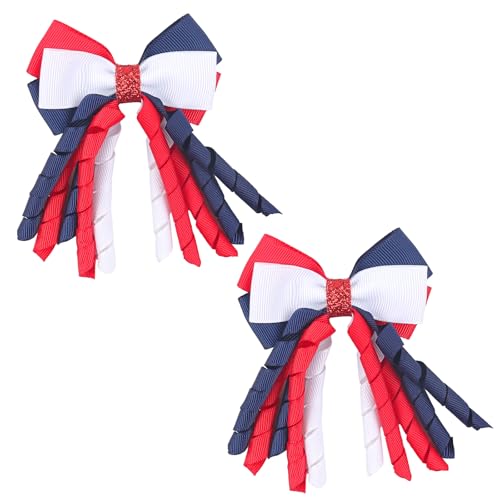Doneace Independence Day Hair Bow Clips - 2 Pcs Red White Blue Curly Ribbon Hairpins for Girls