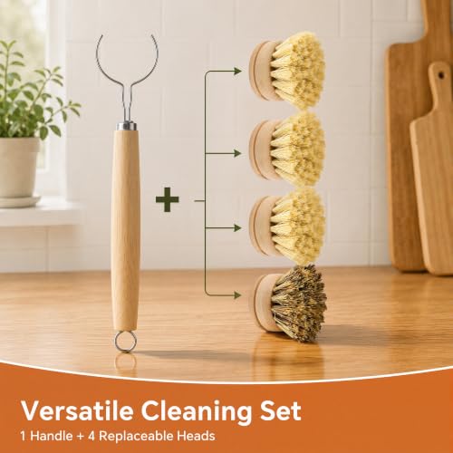 DEBETOOL Bamboo Dish Brush Set with 4 Sisal & Palm Fiber Heads
