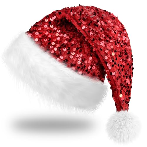 Hikkcos Red Sequin Santa Hat - Sparkly Christmas Party Cap for Adults