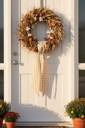 Khaki White Plaid Sash Set for Door & Wedding Decor - 2 Pack