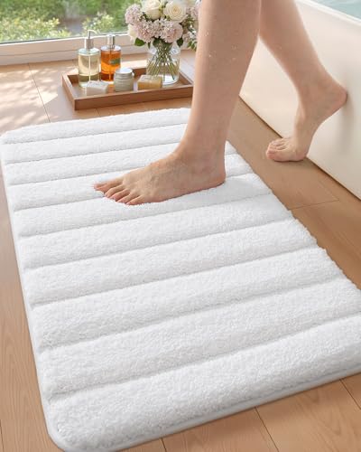 Color&Geometry White Bathroom Rug 17x30 inches, Non-Slip Microfiber Bath Mat