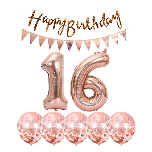 Rose Gold 16th Birthday Decoration Kit with Banner & Balloons