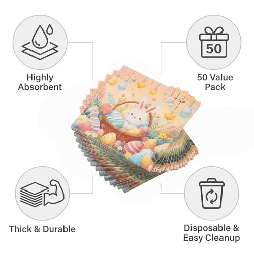 Easter Bunny & Eggs Paper Napkins - 50 Pcs Disposable Decor