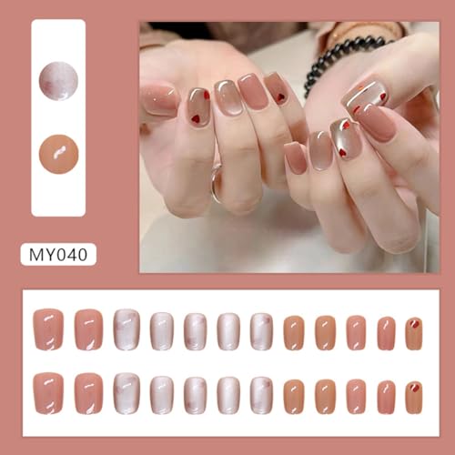 Short Square Heart Press on Nails Nude Glossy Gradient False Nails