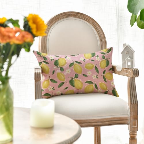 Summer Lemon Throw Pillow Cover 12x20 Inch Pink Floral Cushion Case for Sofa Couch Decor