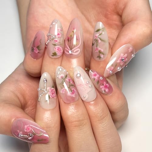 Pink Floral Medium Almond Press-On Nails with 3D Pearl Designs