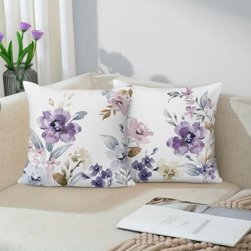 Bonhause Watercolor Floral Throw Pillow Covers - Set of 2, 18x18 Inch