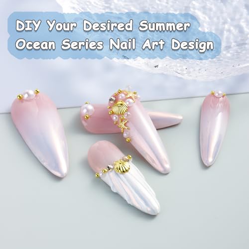 FSpronail Summer 3D Ocean Beach Nail Charms Gold Seashell Gems Set