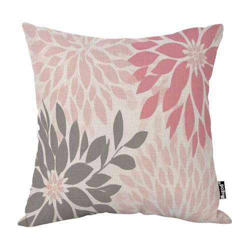 Mugod Dahlia Floral Throw Pillow Cover, 18x18 Inch Abstract Pink Grey Cushion