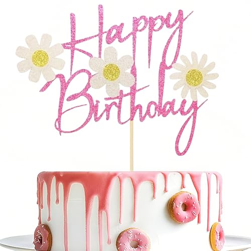 Pink Glitter Daisy Birthday Cake Topper - Happy Birthday Decoration