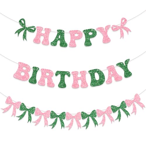 Pink and Green Bow Birthday Banner Garland - 3 Pre Strung Glitter Decorations