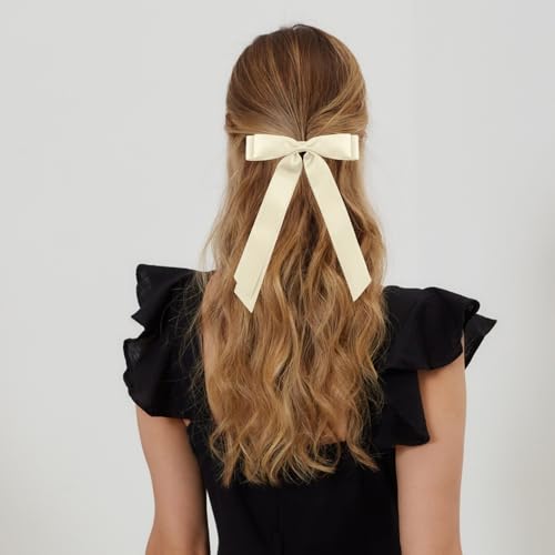 Silky Satin Bow Double Ribbon Hair Clips 2-Pack Beige Black