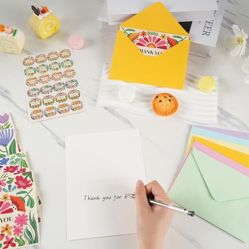 Flower Thank You Cards Bulk with Envelopes & Stickers - 24pcs Set