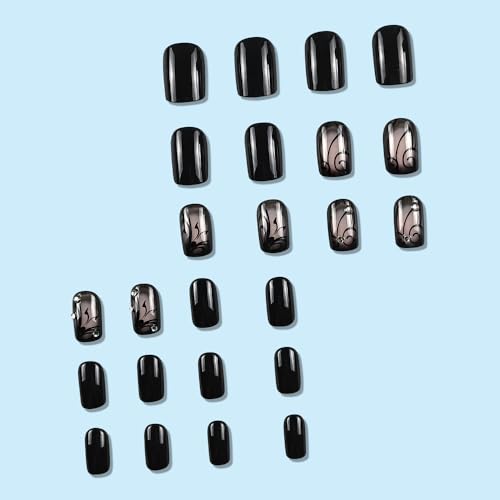 OHWODA Short Square Press on Nails Black Vine Glossy False Nails 24Pcs