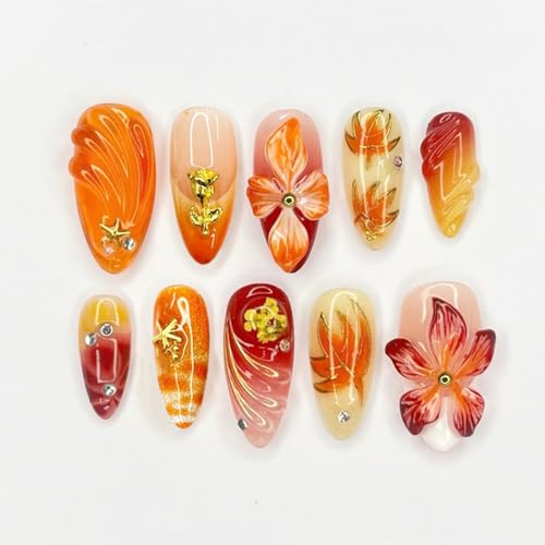Fall Press on Nails Medium Almond White French Tip Fake Nails with Charms