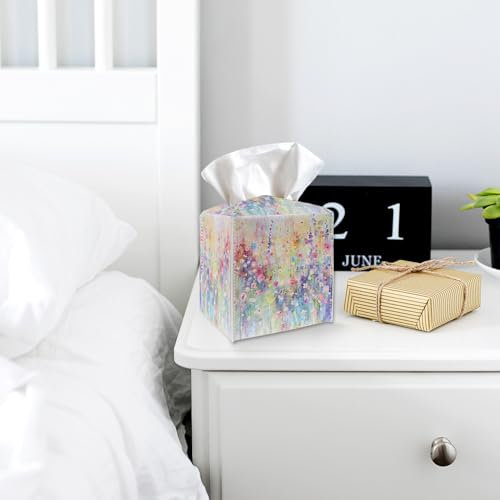Colorful Flowers Square Tissue Box Cover - PU Leather Holder with Velcro