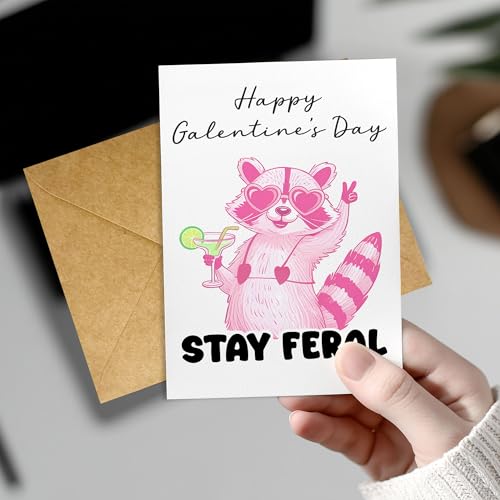 Funny Galentine’s Day Card - Stay Feral Raccoon Best Friend Gift