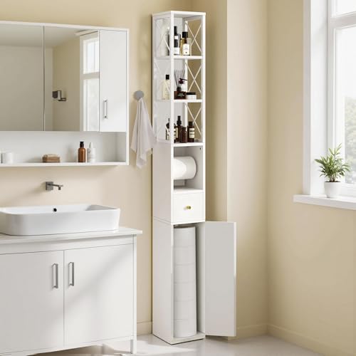 VECELO Storage Cabinet, 67" Tall Narrow Bathroom Cabinet with X-Frame Metal Design, Toilet Paper Holder, Magnetic Door & Drawer, for Small Spaces, Pearl White