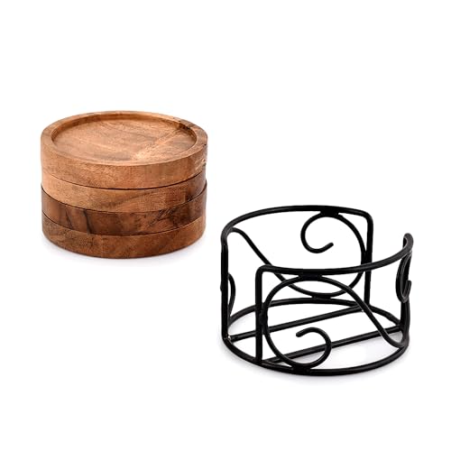 Acacia Wood Coaster Set with Iron Holder - 4 Pack, Tea & Drink Accessories