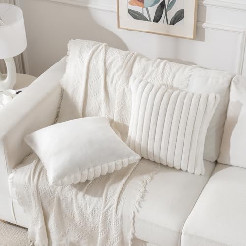 Cream White Faux Fur Lumbar Pillow Covers 12x20 Set of 2 - Soft Velvet Back Home Decor