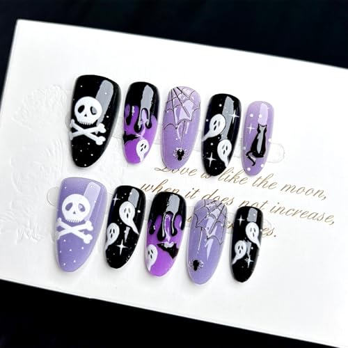 Halloween Press on Nails Short Goth Acrylic Fake Nails Bat Ghost
