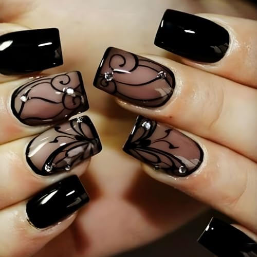 OHWODA Short Square Press on Nails Black Vine Glossy False Nails 24Pcs