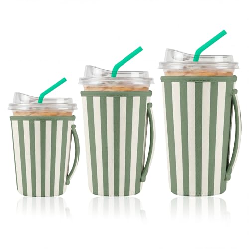 ArtSocket 3-Pack Iced Coffee Sleeves with Handle - Sage Stripes, 16oz-32oz Reusable Insulated Cup Sleeves