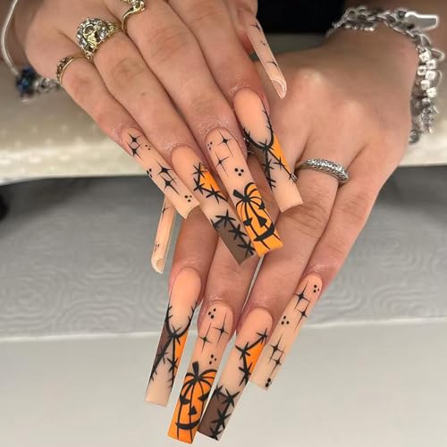Long Square Halloween Press on Nails with Pumpkin Designs 24Pcs